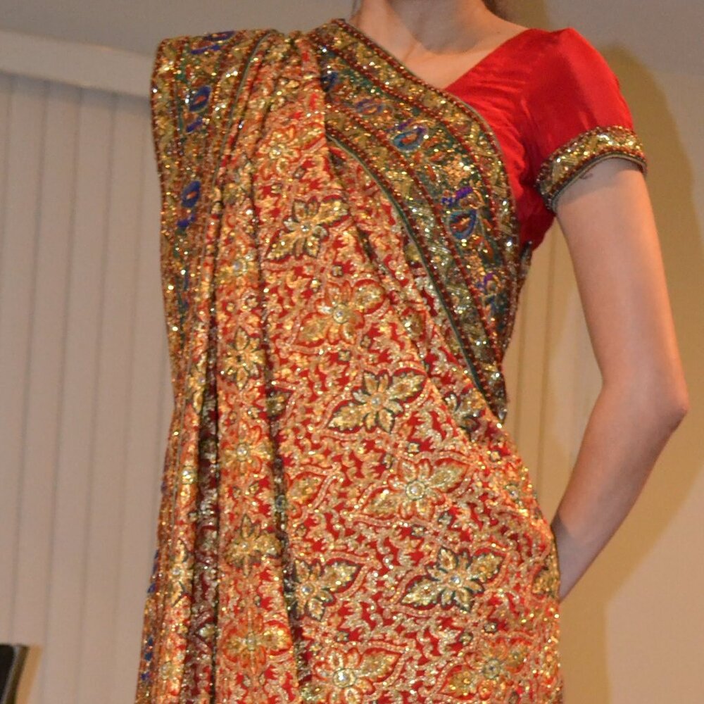 Fully embroidered, heavy, peacock wedding saree